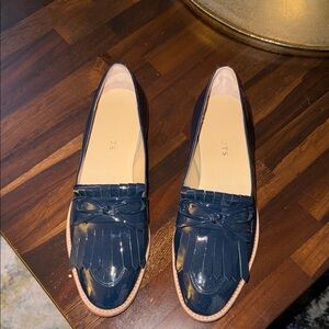 Talbots Navy Patent Fringe Loafers with Bow